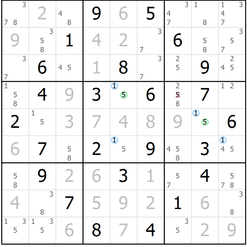 Position des candidats pour la solution de la Gr 52 page 55 du magazine de sudoku Suprême n° 028
