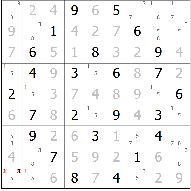 Position des candidats pour la solution de la Gr 52 page 55 du magazine de sudoku Suprême n° 028