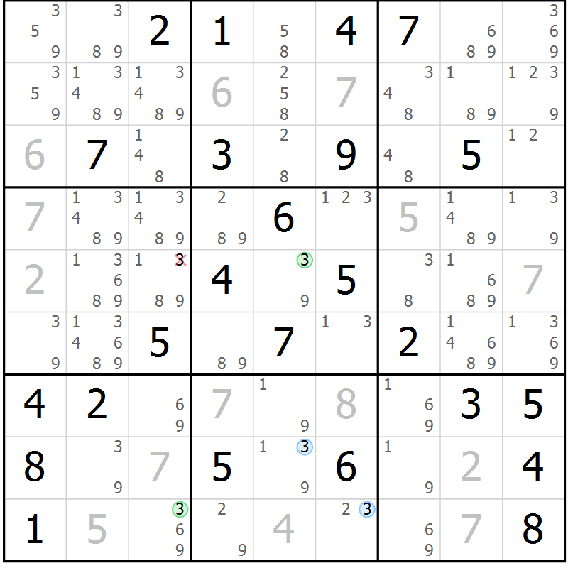 Position des candidats pour la solution de la Gr 54 page 57 du magazine de sudoku Suprême n° 028