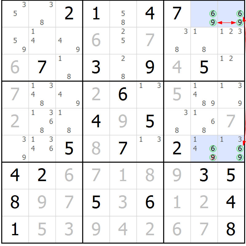 Position des candidats pour la solution de la Gr 54 page 57 du magazine de sudoku Suprême n° 028