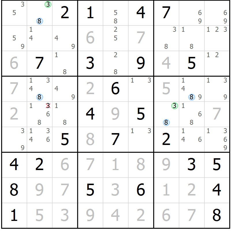 Position des candidats pour la solution de la Gr 54 page 57 du magazine de sudoku Suprême n° 028