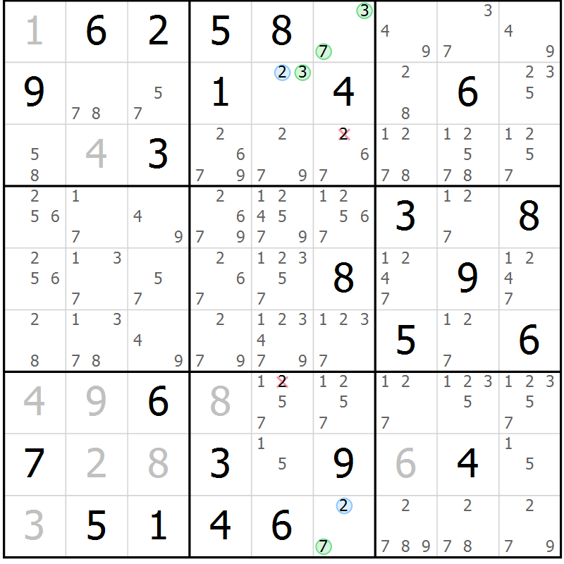 Position des candidats pour la solution de la Gr 55 page 58 du magazine de sudoku Suprême n° 028