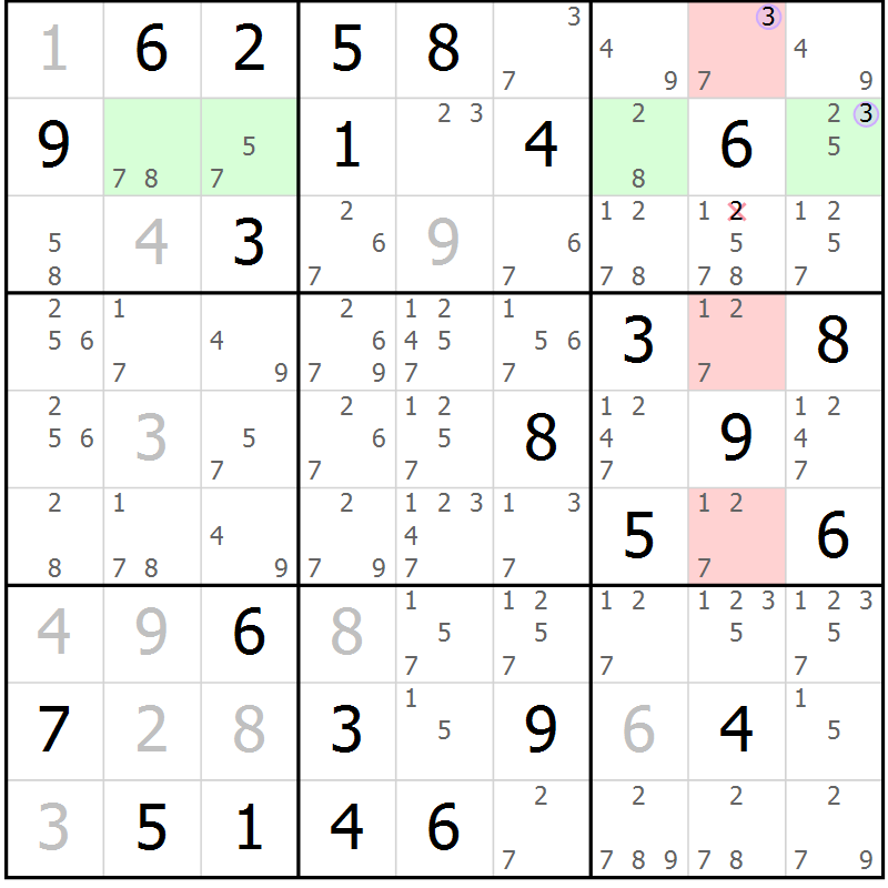 Position des candidats pour la solution de la Gr 55 page 58 du magazine de sudoku Suprême n° 028