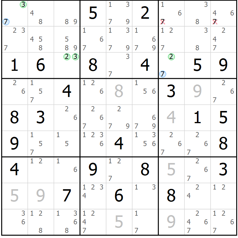 Position des candidats pour la solution de la Gr 58 page 61 du magazine de sudoku Suprême n° 028
