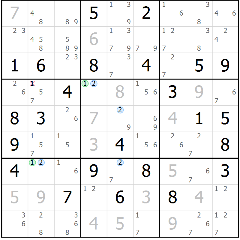 Position des candidats pour la solution de la Gr 58 page 61 du magazine de sudoku Suprême n° 028