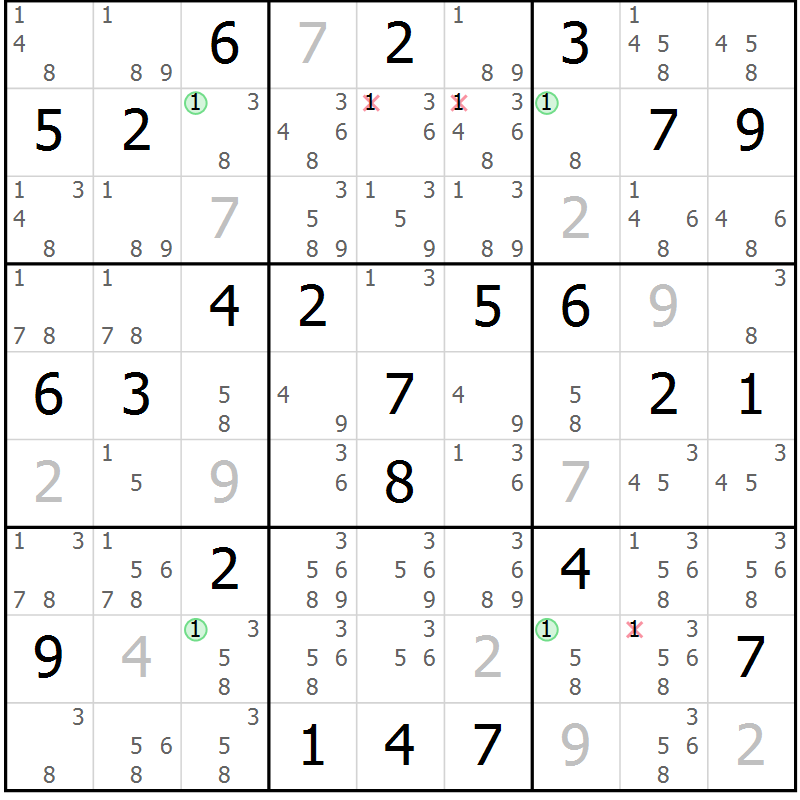 Position des candidats pour la solution de la Gr 59 page 62 du magazine de sudoku Suprême n° 028