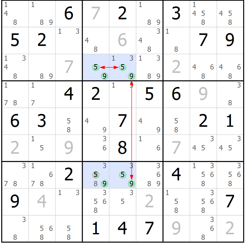 Position des candidats pour la solution de la Gr 59 page 62 du magazine de sudoku Suprême n° 028