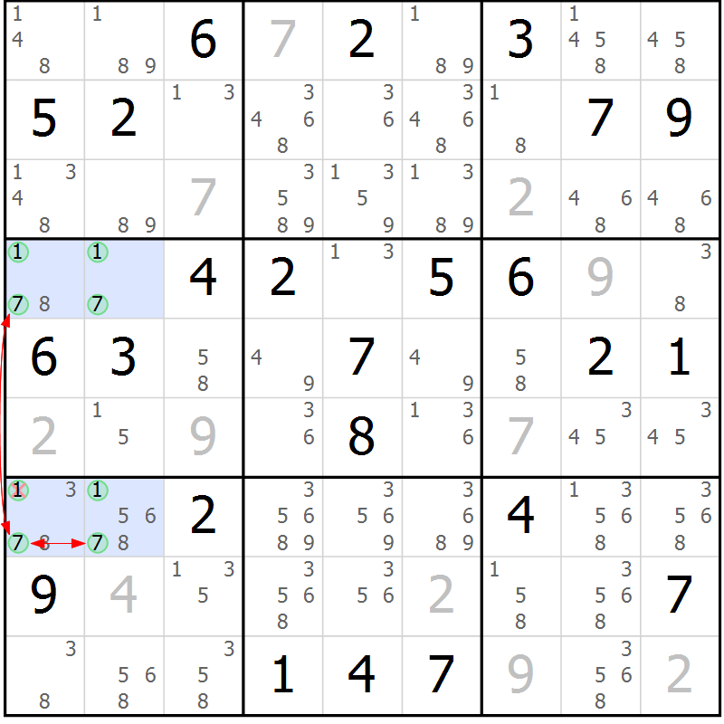 Position des candidats pour la solution de la Gr 59 page 62 du magazine de sudoku Suprême n° 028