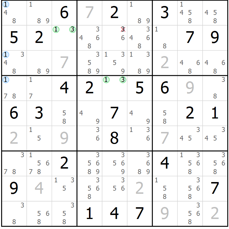 Position des candidats pour la solution de la Gr 59 page 62 du magazine de sudoku Suprême n° 028