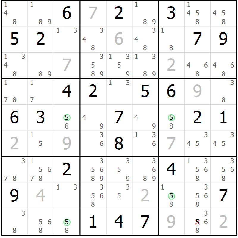 Position des candidats pour la solution de la Gr 59 page 62 du magazine de sudoku Suprême n° 028
