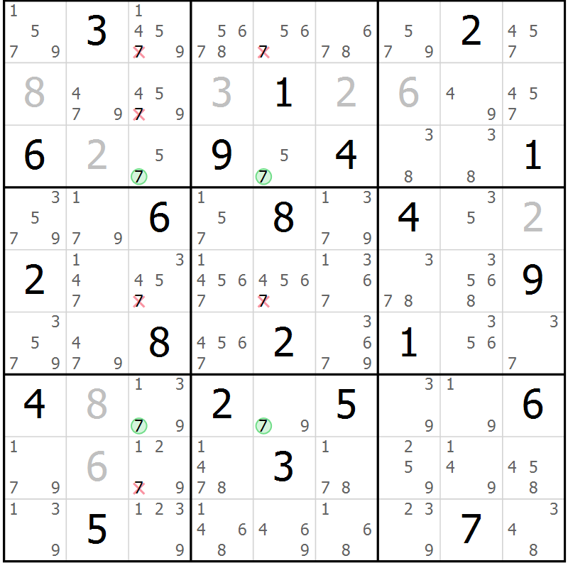 Position des candidats pour la solution de la Gr 6 page 9 du magazine de sudoku Suprême n° 028