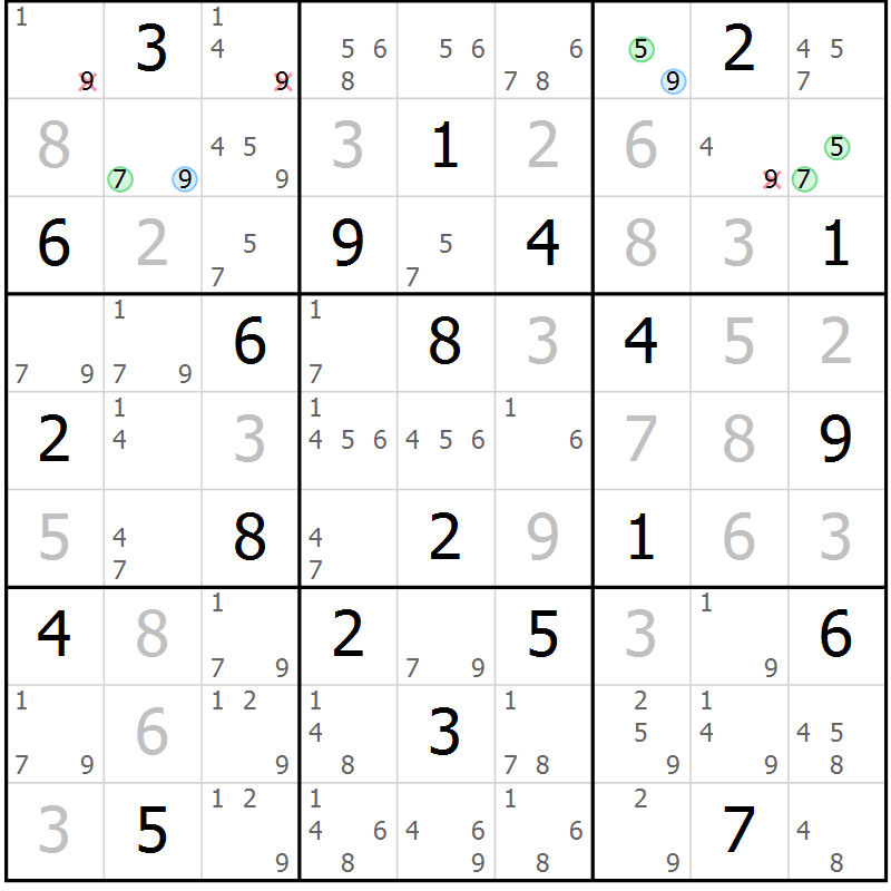 Position des candidats pour la solution de la Gr 6 page 9 du magazine de sudoku Suprême n° 028