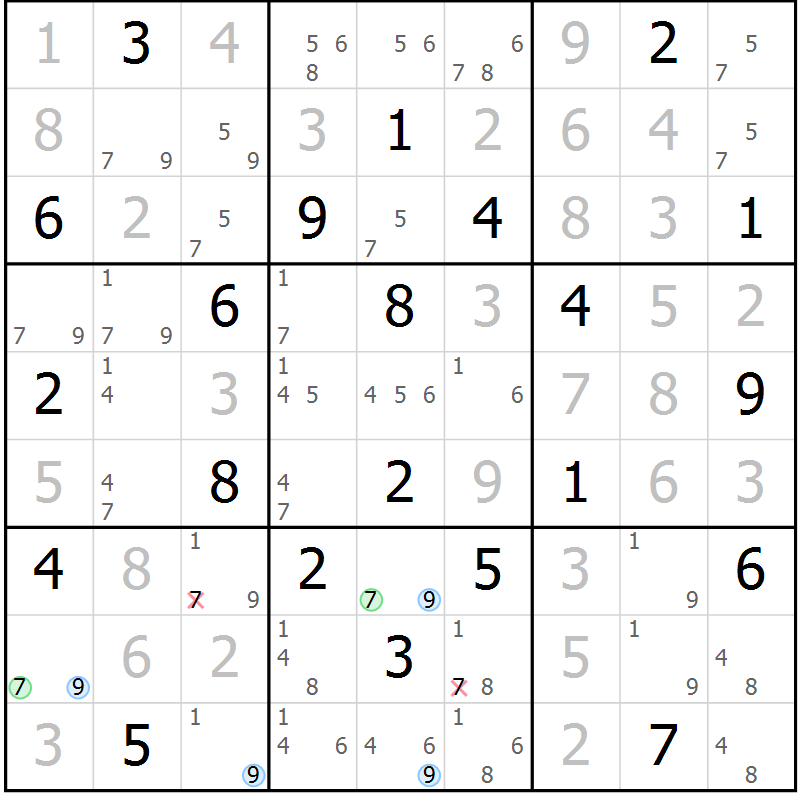 Position des candidats pour la solution de la Gr 6 page 9 du magazine de sudoku Suprême n° 028