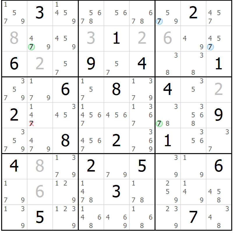 Position des candidats pour la solution de la Gr 6 page 9 du magazine de sudoku Suprême n° 028