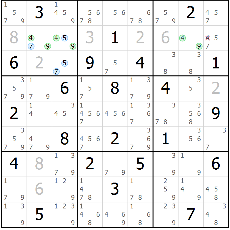 Position des candidats pour la solution de la Gr 6 page 9 du magazine de sudoku Suprême n° 028