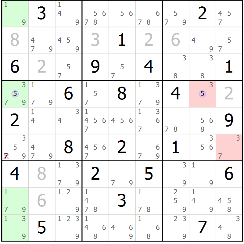 Position des candidats pour la solution de la Gr 6 page 9 du magazine de sudoku Suprême n° 028