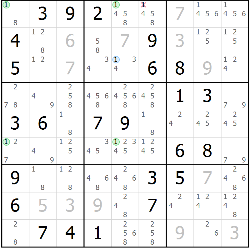 Position des candidats pour la solution de la Gr 60 page 63 du magazine de sudoku Suprême n° 028