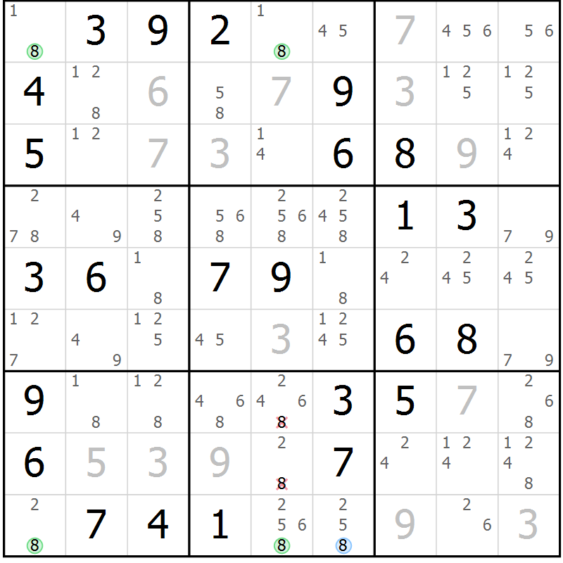 Position des candidats pour la solution de la Gr 60 page 63 du magazine de sudoku Suprême n° 028