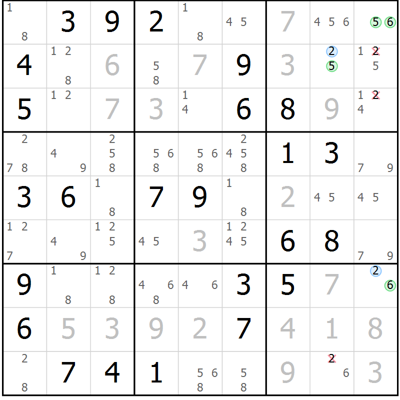 Position des candidats pour la solution de la Gr 60 page 63 du magazine de sudoku Suprême n° 028