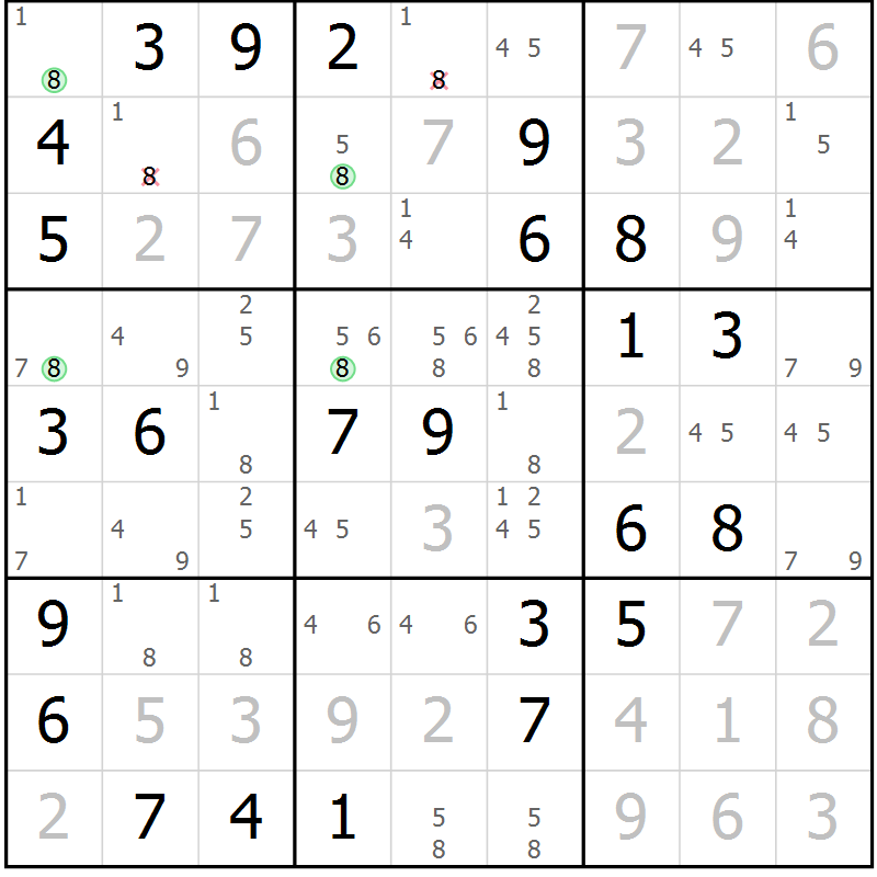 Position des candidats pour la solution de la Gr 60 page 63 du magazine de sudoku Suprême n° 028