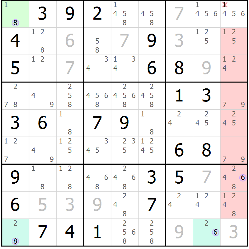Position des candidats pour la solution de la Gr 60 page 63 du magazine de sudoku Suprême n° 028