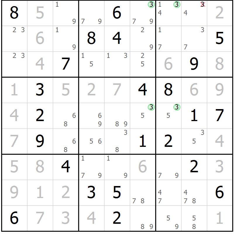 Position des candidats pour la solution de la Gr 61 page 64 du magazine de sudoku Suprême n° 028