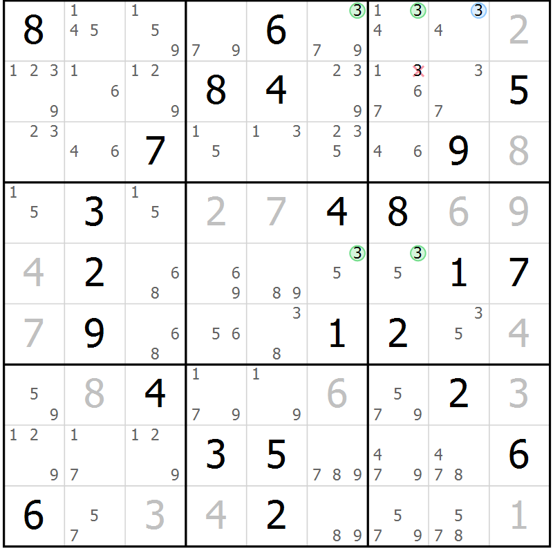 Position des candidats pour la solution de la Gr 61 page 64 du magazine de sudoku Suprême n° 028