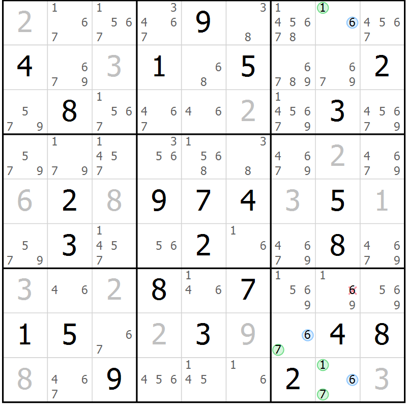 Position des candidats pour la solution de la Gr 62 page 65 du magazine de sudoku Suprême n° 028