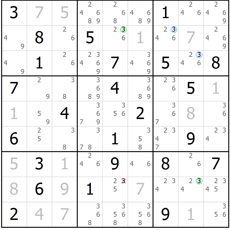 Position des candidats pour la solution de la Gr 64 page 67 du magazine de sudoku Suprême n° 028