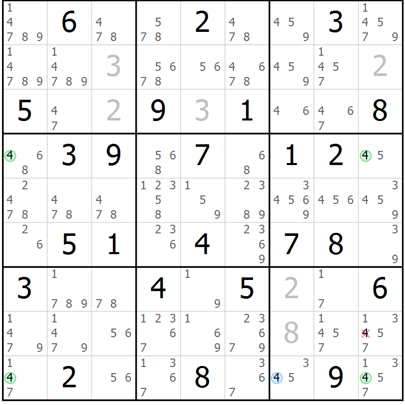 Position des candidats pour la solution de la Gr 65 page 68 du magazine de sudoku Suprême n° 028