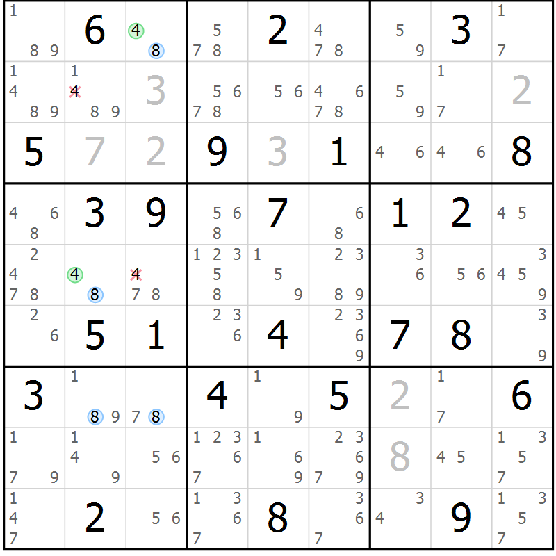 Position des candidats pour la solution de la Gr 65 page 68 du magazine de sudoku Suprême n° 028