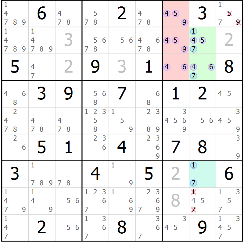Position des candidats pour la solution de la Gr 65 page 68 du magazine de sudoku Suprême n° 028