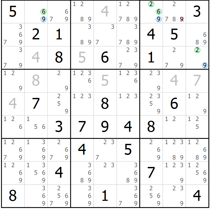 Position des candidats pour la solution de la Gr 67 page 70 du magazine de sudoku Suprême n° 028