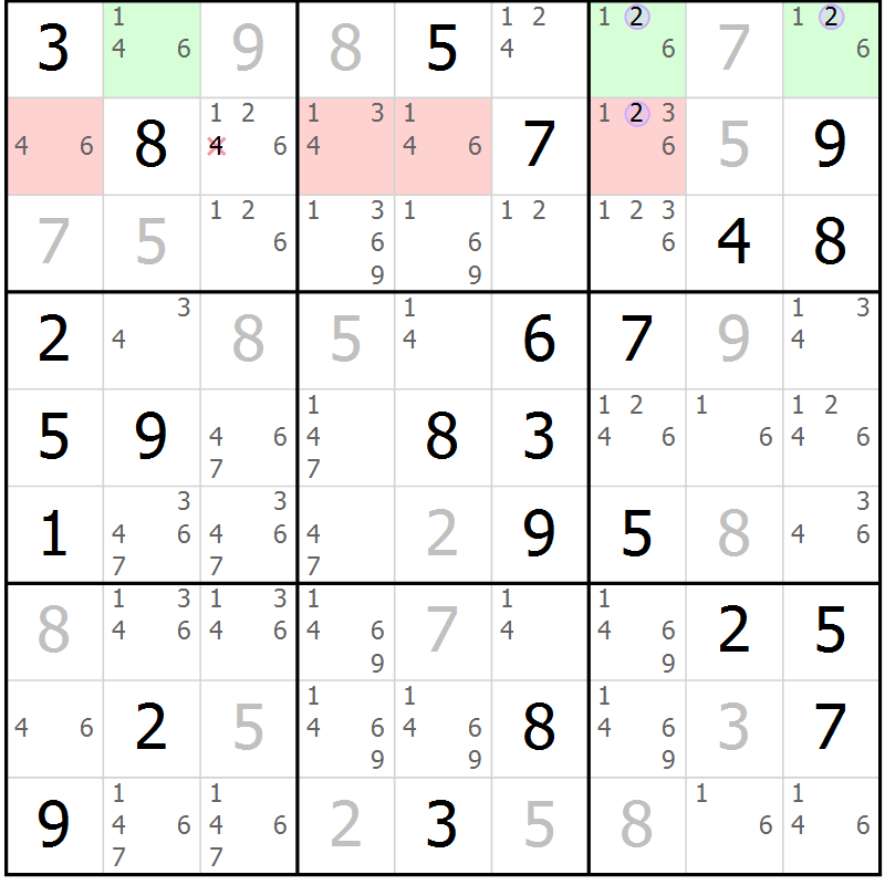 Position des candidats pour la solution de la Gr 68 page 71 du magazine de sudoku Suprême n° 028