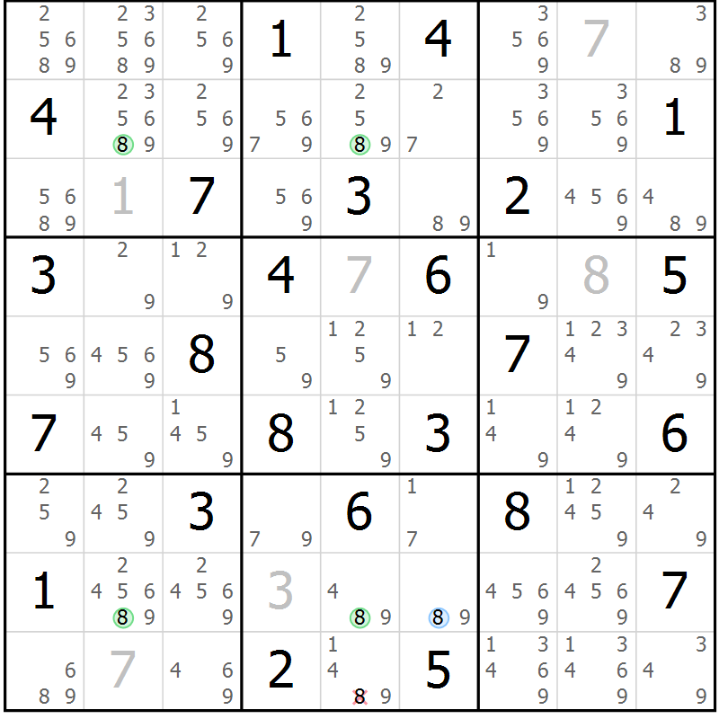 Position des candidats pour la solution de la Gr 69 page 72 du magazine de sudoku Suprême n° 028