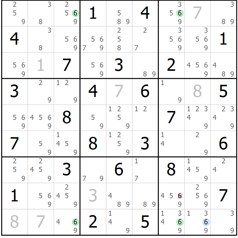 Position des candidats pour la solution de la Gr 69 page 72 du magazine de sudoku Suprême n° 028