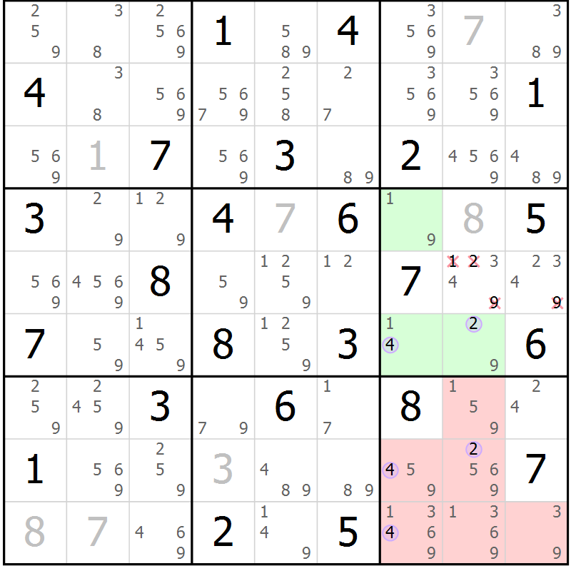 Position des candidats pour la solution de la Gr 69 page 72 du magazine de sudoku Suprême n° 028