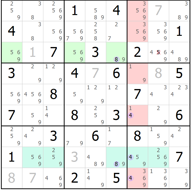 Position des candidats pour la solution de la Gr 69 page 72 du magazine de sudoku Suprême n° 028