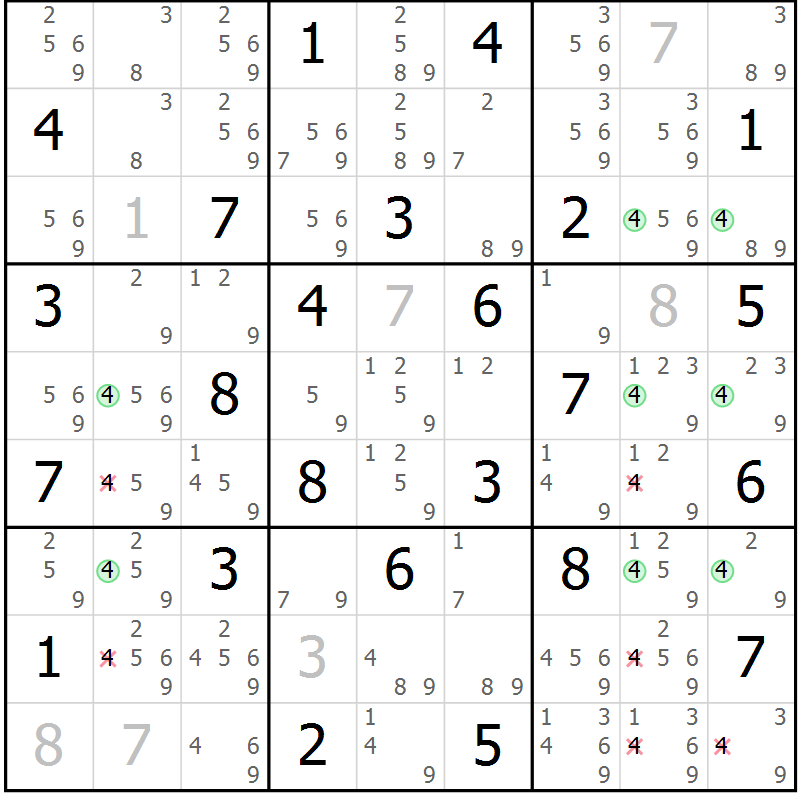 Position des candidats pour la solution de la Gr 69 page 72 du magazine de sudoku Suprême n° 028