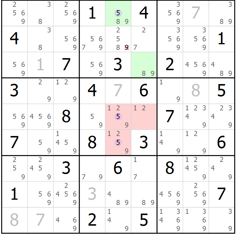 Position des candidats pour la solution de la Gr 69 page 72 du magazine de sudoku Suprême n° 028