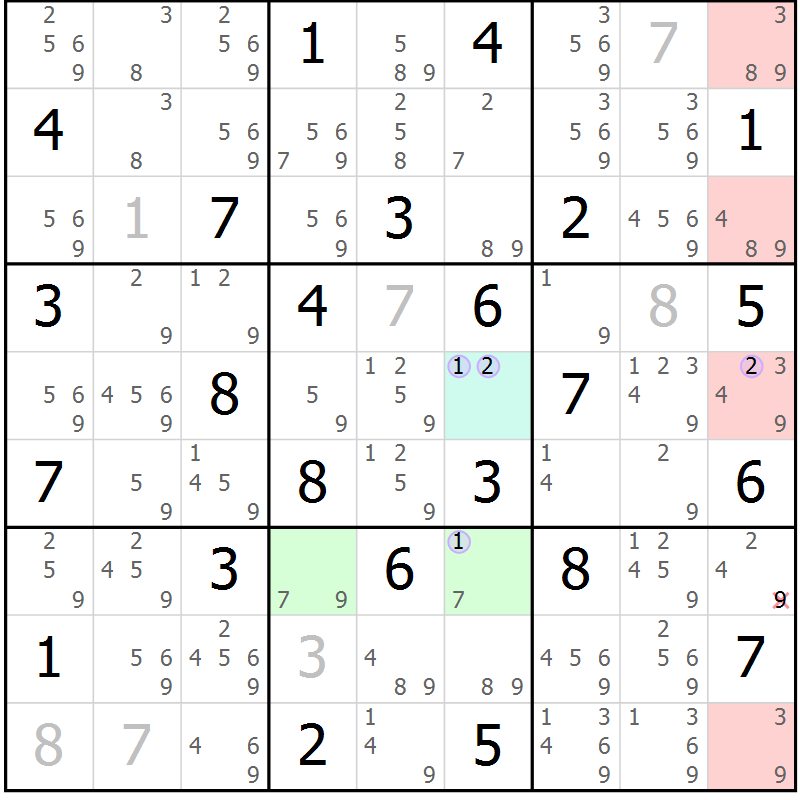 Position des candidats pour la solution de la Gr 69 page 72 du magazine de sudoku Suprême n° 028