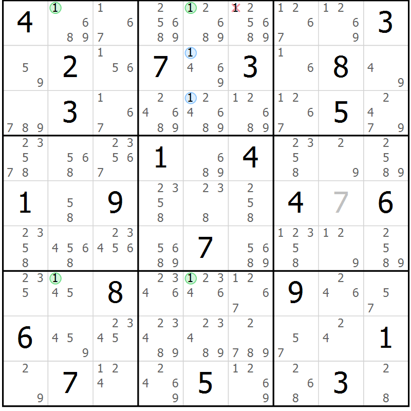 Position des candidats pour la solution de la Gr 7 page 10 du magazine de sudoku Suprême n° 028