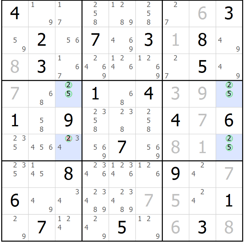 Position des candidats pour la solution de la Gr 7 page 10 du magazine de sudoku Suprême n° 028