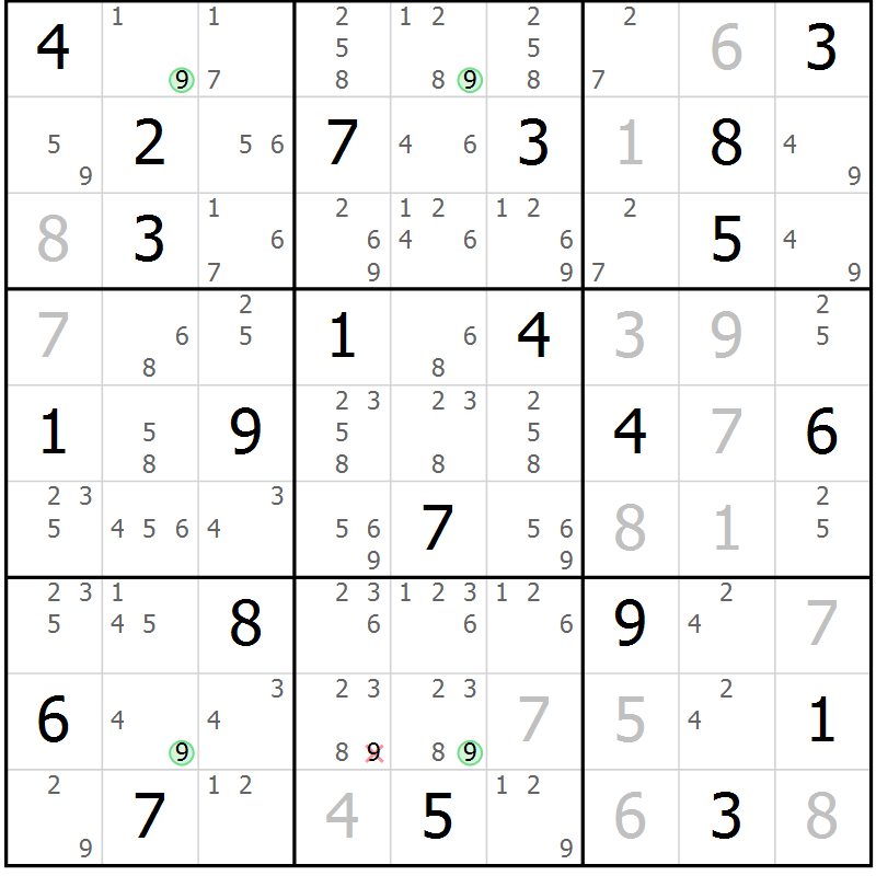 Position des candidats pour la solution de la Gr 7 page 10 du magazine de sudoku Suprême n° 028