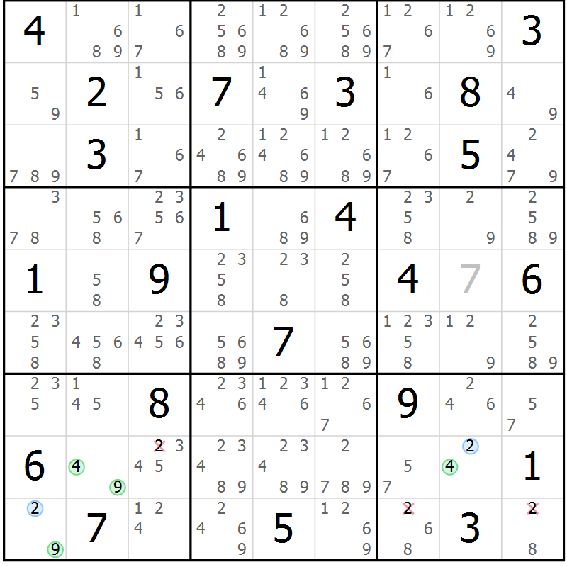 Position des candidats pour la solution de la Gr 7 page 10 du magazine de sudoku Suprême n° 028