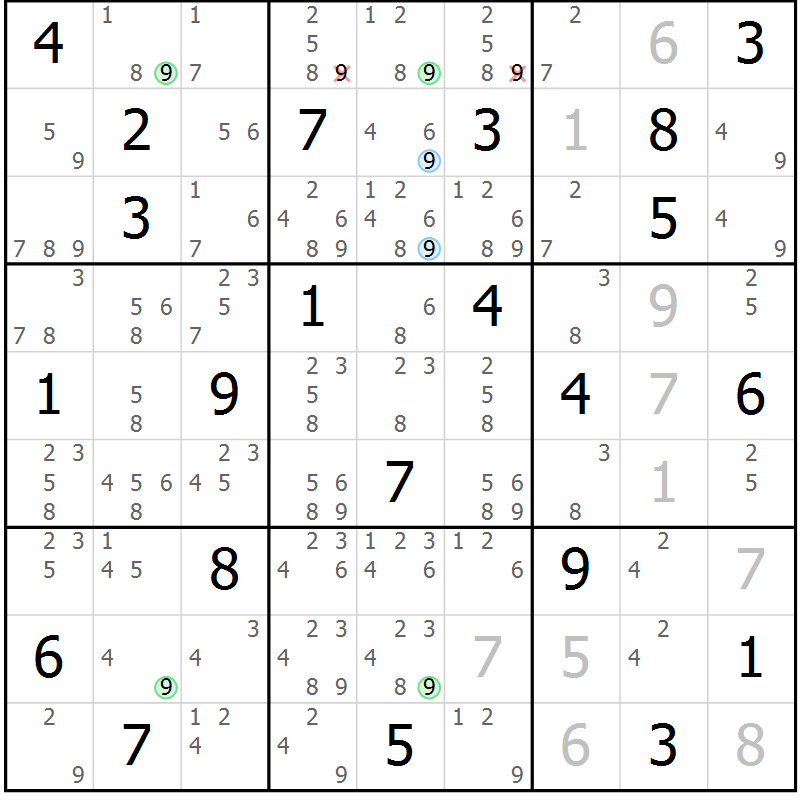Position des candidats pour la solution de la Gr 7 page 10 du magazine de sudoku Suprême n° 028