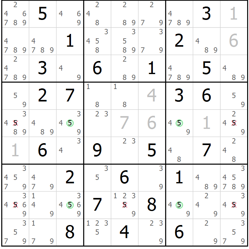 Position des candidats pour la solution de la Gr 70 page 73 du magazine de sudoku Suprême n° 028
