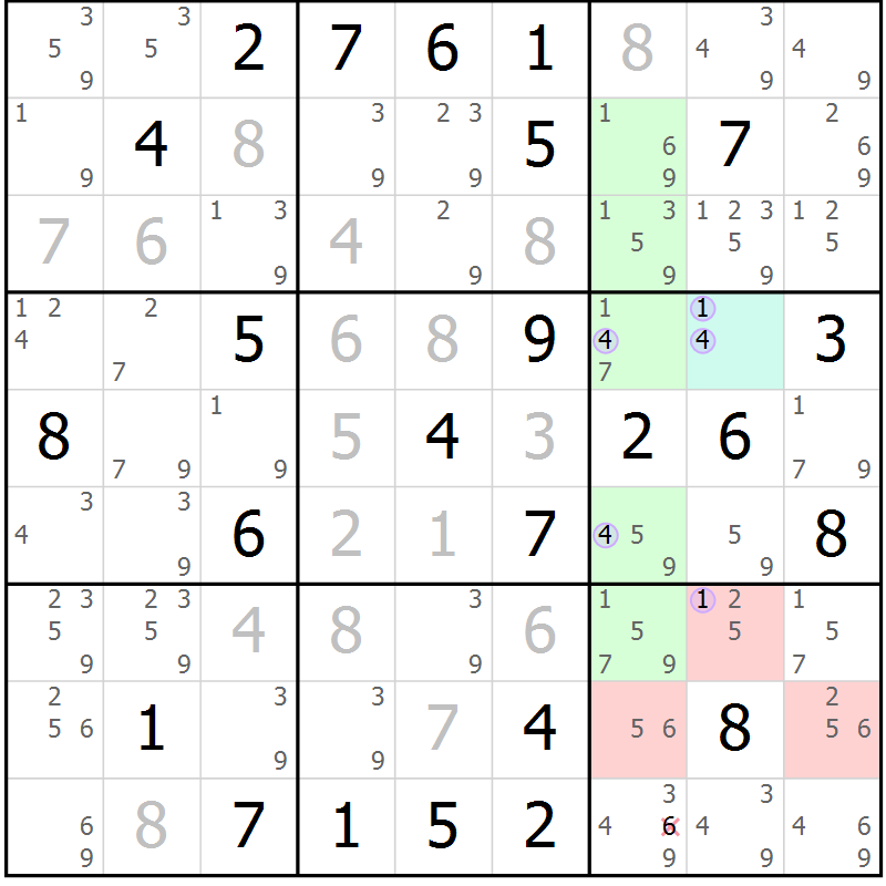 Position des candidats pour la solution de la Gr 72 page 75 du magazine de sudoku Suprême n° 028