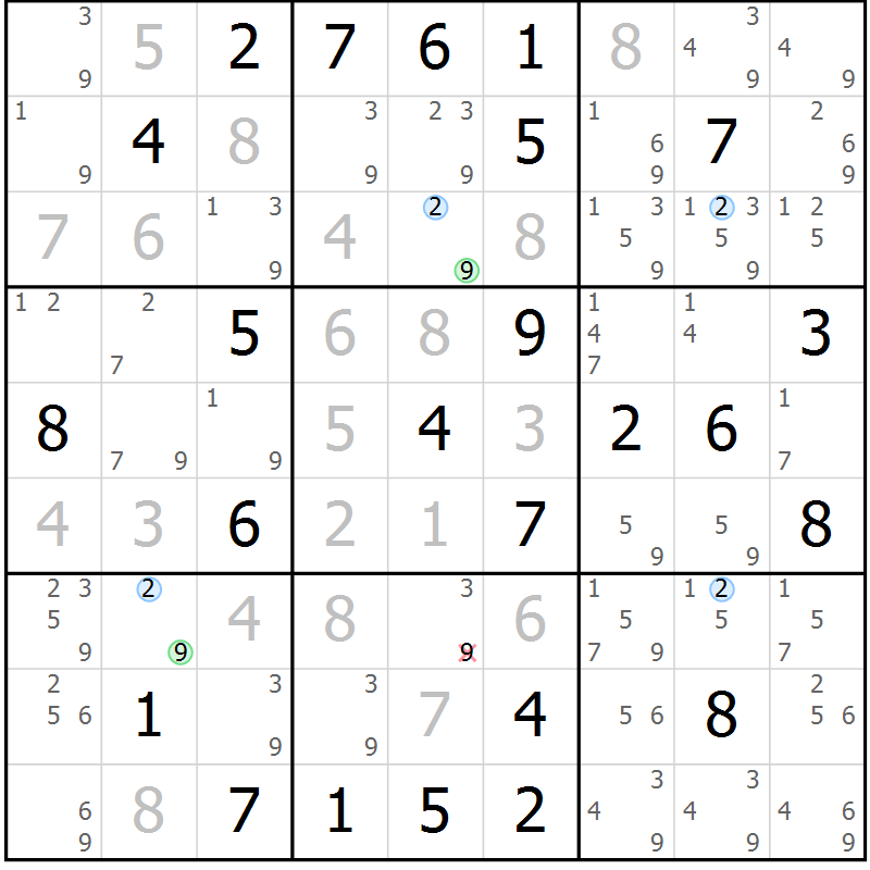 Position des candidats pour la solution de la Gr 72 page 75 du magazine de sudoku Suprême n° 028