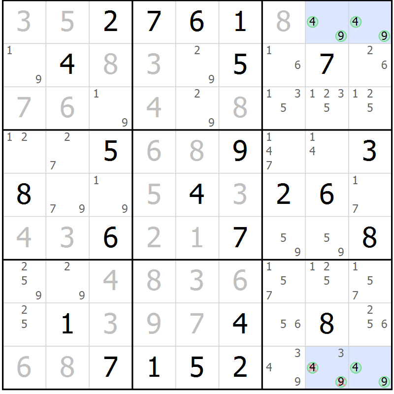 Position des candidats pour la solution de la Gr 72 page 75 du magazine de sudoku Suprême n° 028
